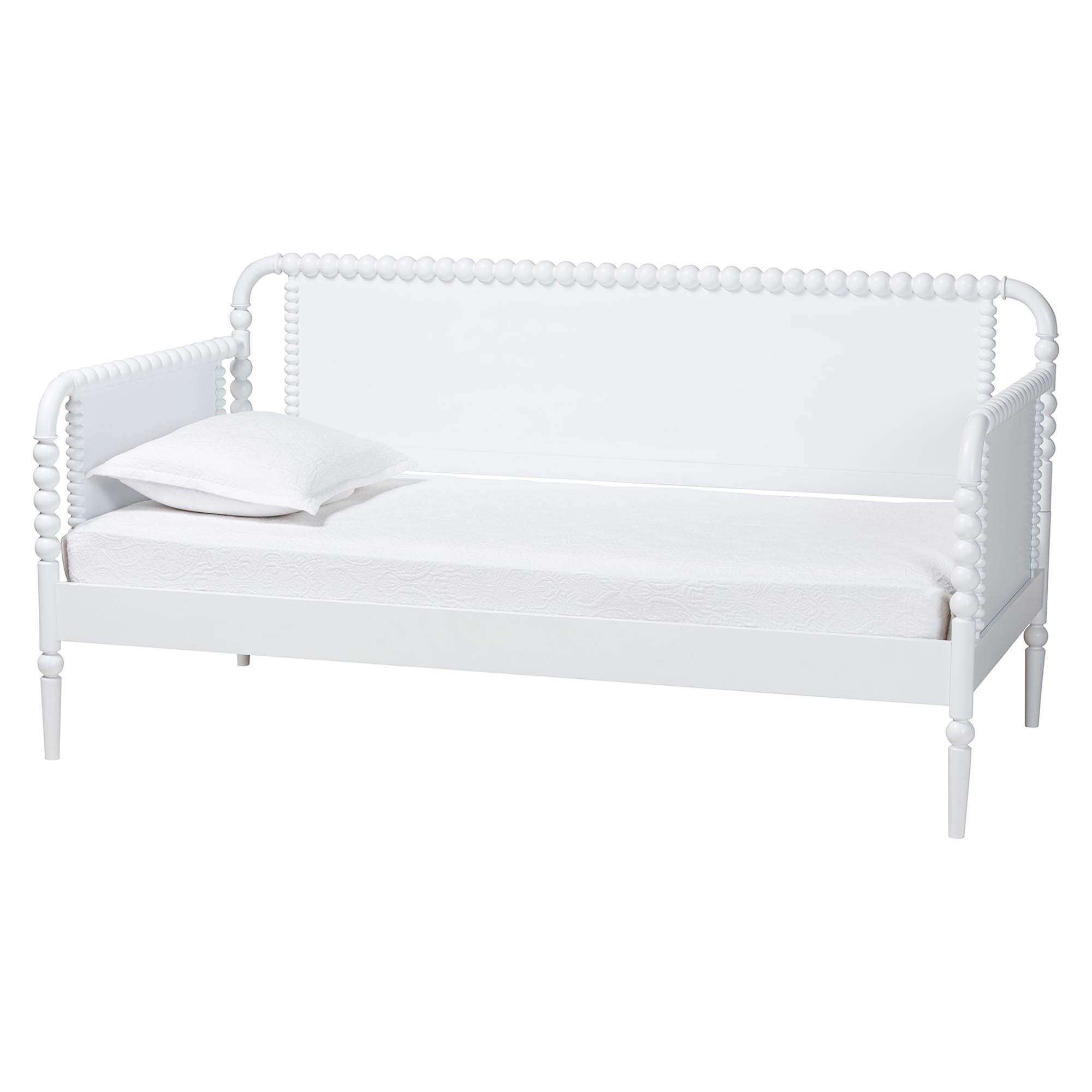 Baxton Studio Lucera Bobbin Daybed - Wooden Bed Frame with Turned Spindle Detailing, Classic Style Sofa Bed for Bedroom or Guest Room, Twin, White Affordable modern furniture in Chicago, classic bedroom furniture, modern twin size, cheap twin size